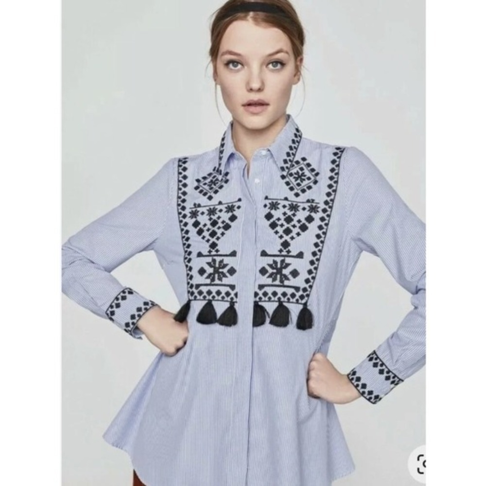 2/$30 Zara Oxford Blue White Stripe Embroidred Tassel Peplum Top Small - Picture 1 of 5